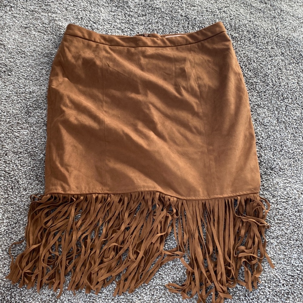 PHILOSOPHY Camel Colored Faux Suede Fringed Skirt